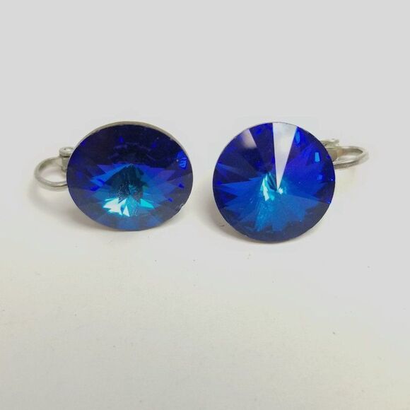 Vintage Blue Rhinestone Clip On Earrings, Sparkly Round Retro, Estate - Picture 2 of 6